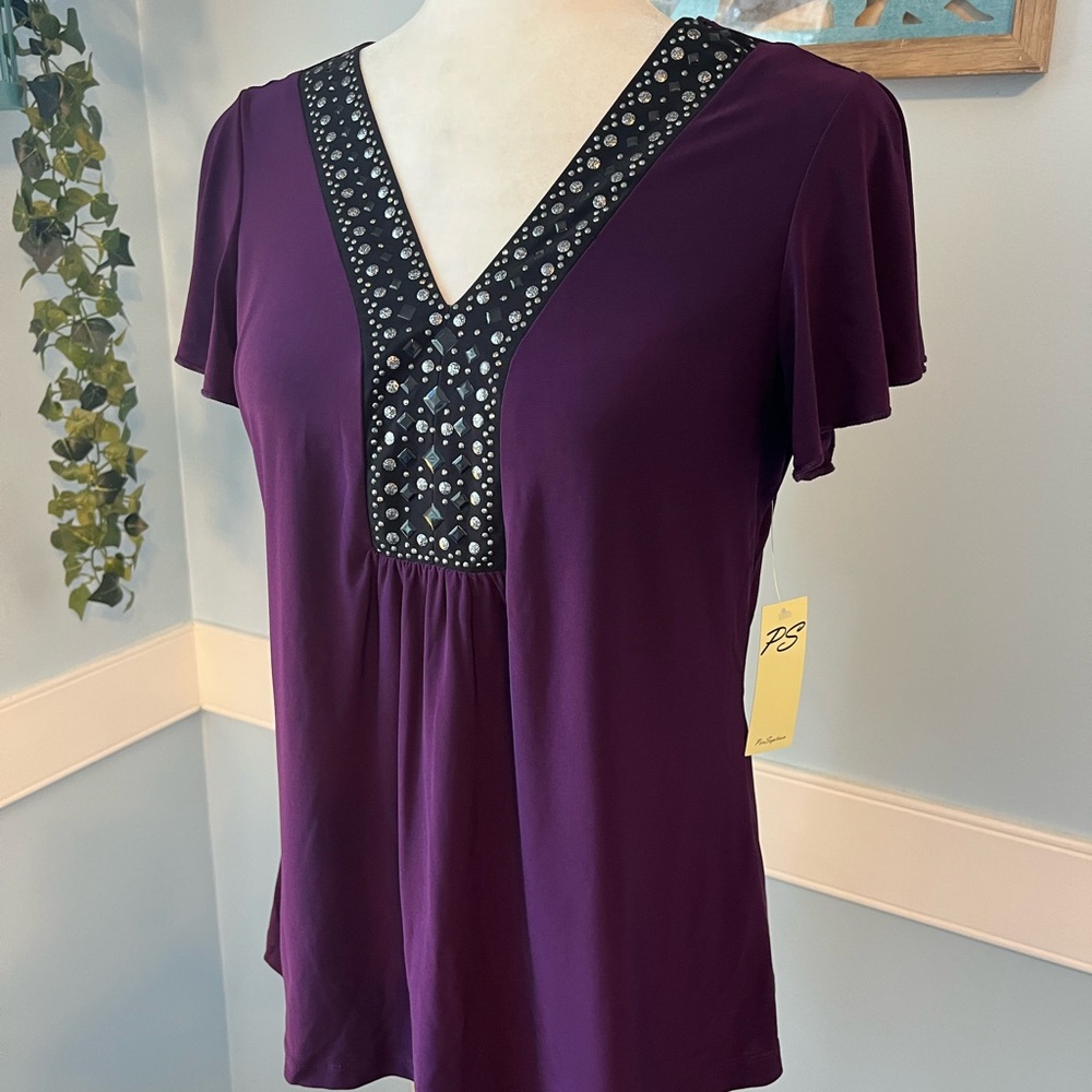 Perceptions Deep Purple Embellished V-Neck Blouse